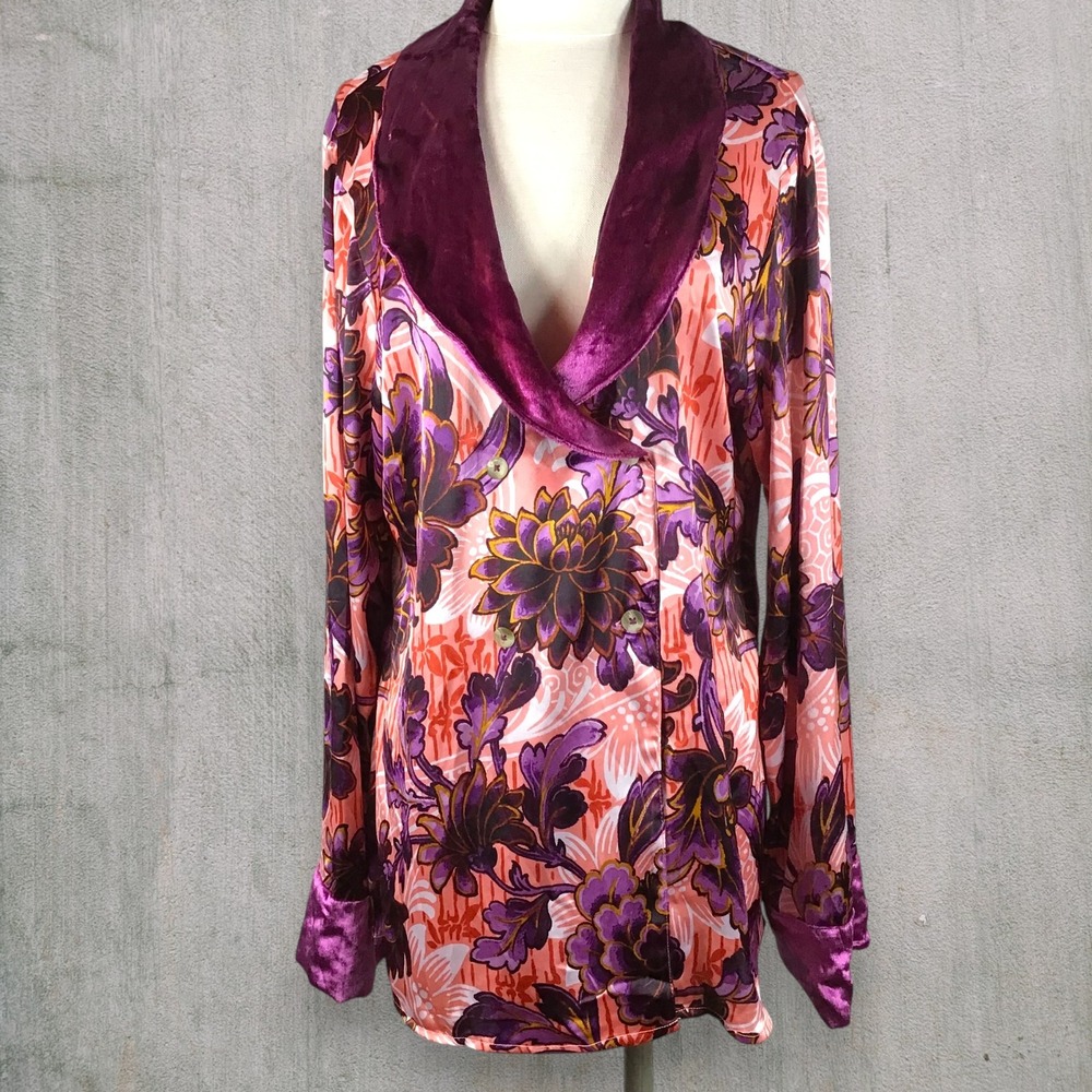 Anthropologie Luxe Sleep Top Purple Floral Velvet Trim Pajama Shirt Boho Whimsy